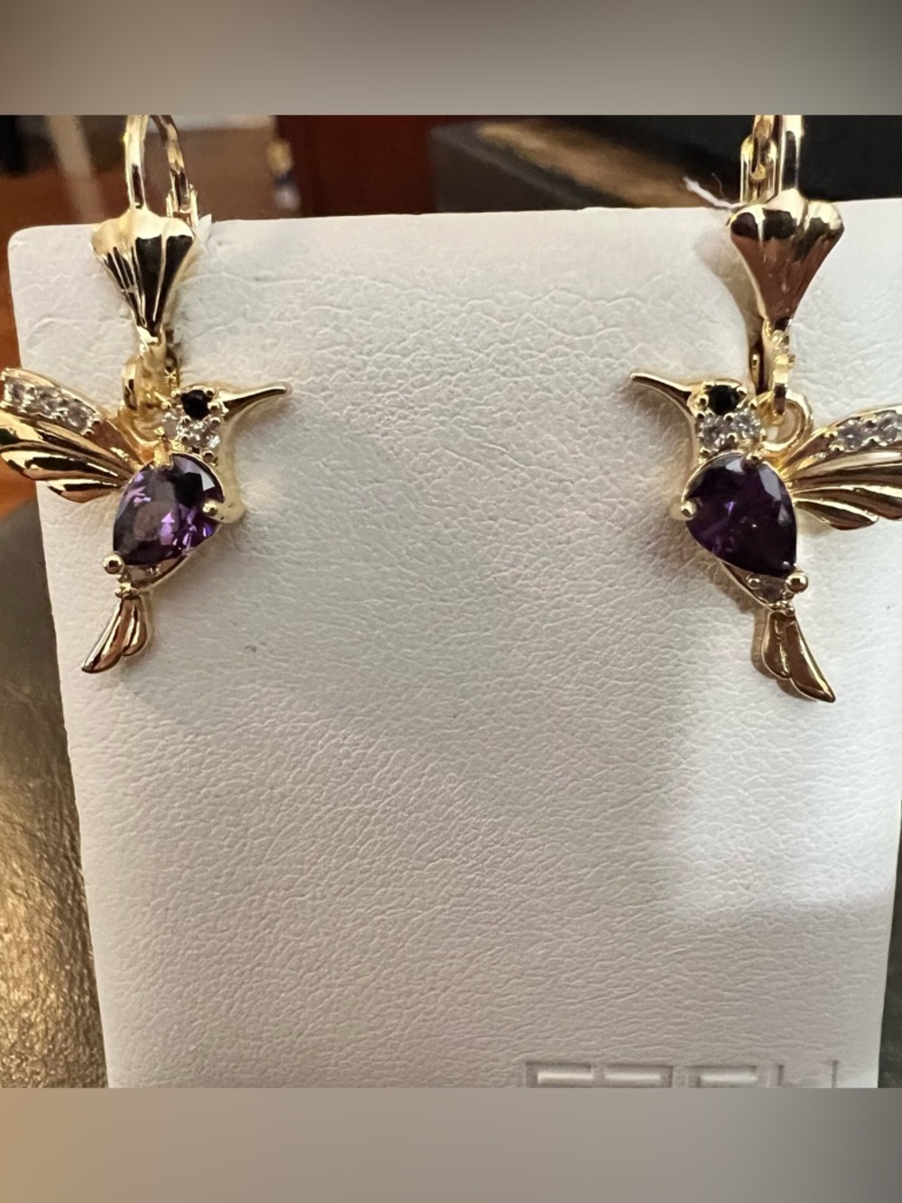 Gold Hummingbird Earrings with Purple Gemstones